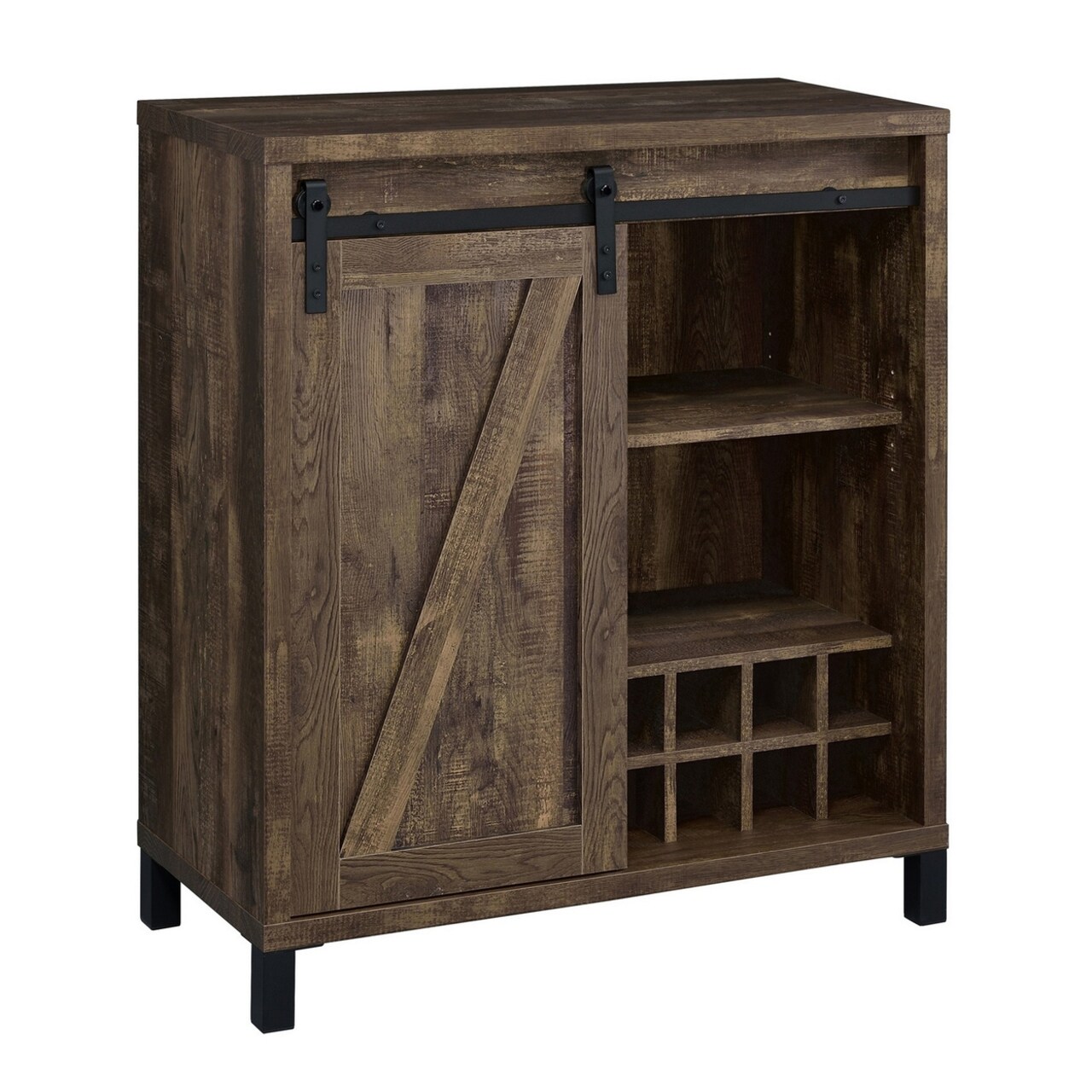 Saltoro Sherpi 42 Inch Bar Cabinet with Single Sliding Door, Two Open Shelves, Black -